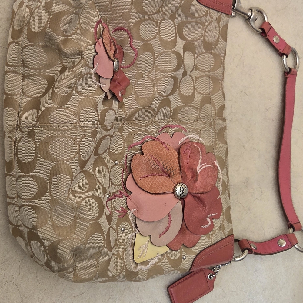 Coach Tan and Pink Floral Shoulder Bag